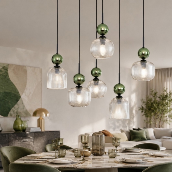 lampadario elegante per soggiorno sfere in vetro verde